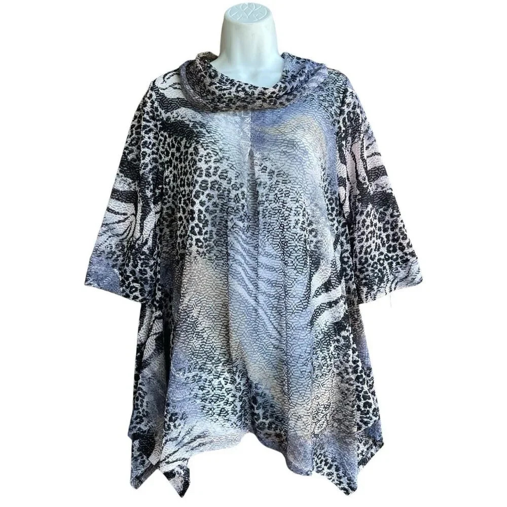 DAMEE INC Sheer Tunic Top Women’s S Black Gray Cowl-neck Asymmetrical Blouse ￼